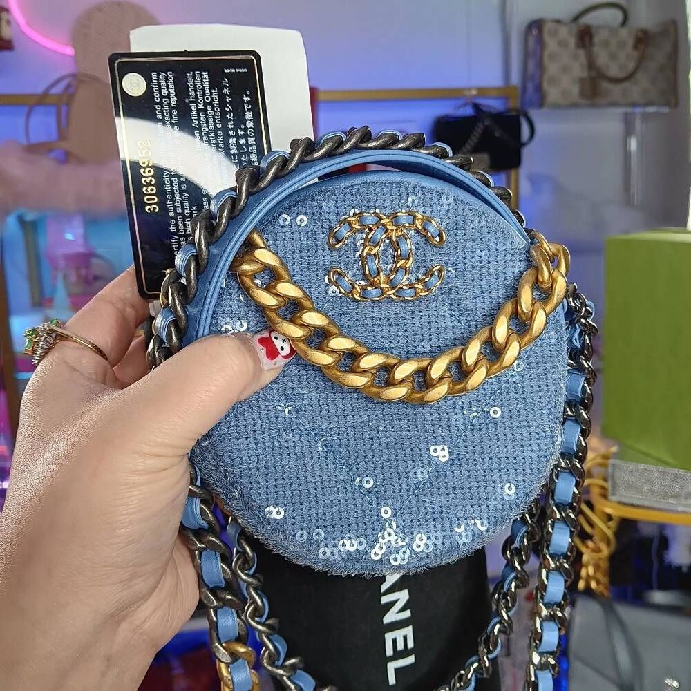 Chanel periwinkle Leather sequin 19 round mini Crossbody Bag